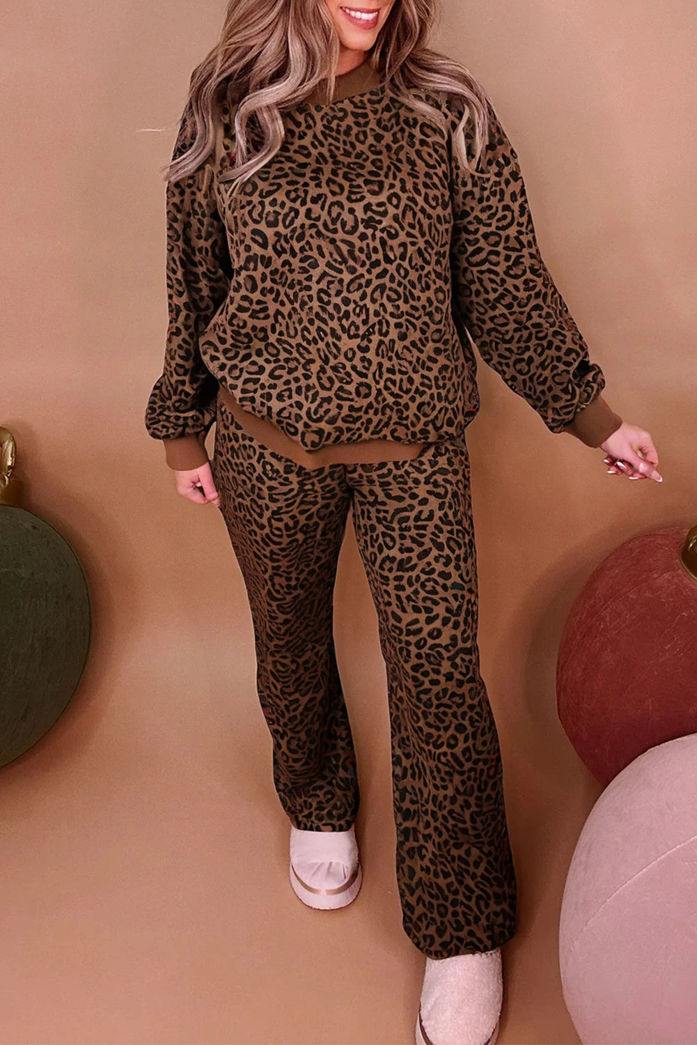 Coffee Allover Leopard Print Contrast Trim Long Sleeve Top and Pants Set